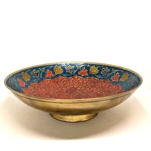 Bohemian Solid Brass Bowl Floral Red & Turquoise Blue Enamel Vintage Decor 6.5"